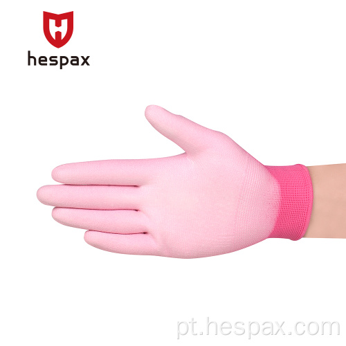 Hespax Safety rosa malha com luvas protetidas com revestimento de PU